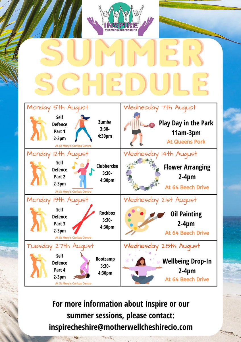 Summer fun with #Inspire   Have you seen our summer activities? All free to attend for young Women and girls age 13-18, up to 25 with a vulnerability. Accompanying parents/ carers welcome!  #Encourage #Empower #WellbeingActivities
