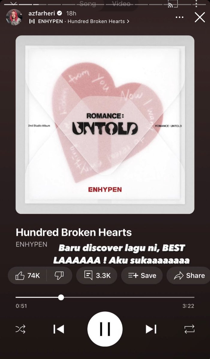 ENHYPENMalaysia's tweet photo. Malaysian Content Creator, Azfar Heri with 1.1M followers posted screenshot of him listening to ‘Hundred Broken Hearts’ on his Instagram Story.

“Baru discovered lagu ni. BEST LAAAAA! Aku sukaaaaaaa”

Glad you discovered this song! 🫶

#ENHYPEN @ENHYPEN @ENHYPEN_members https://t.co/VWGxzpl0Wt