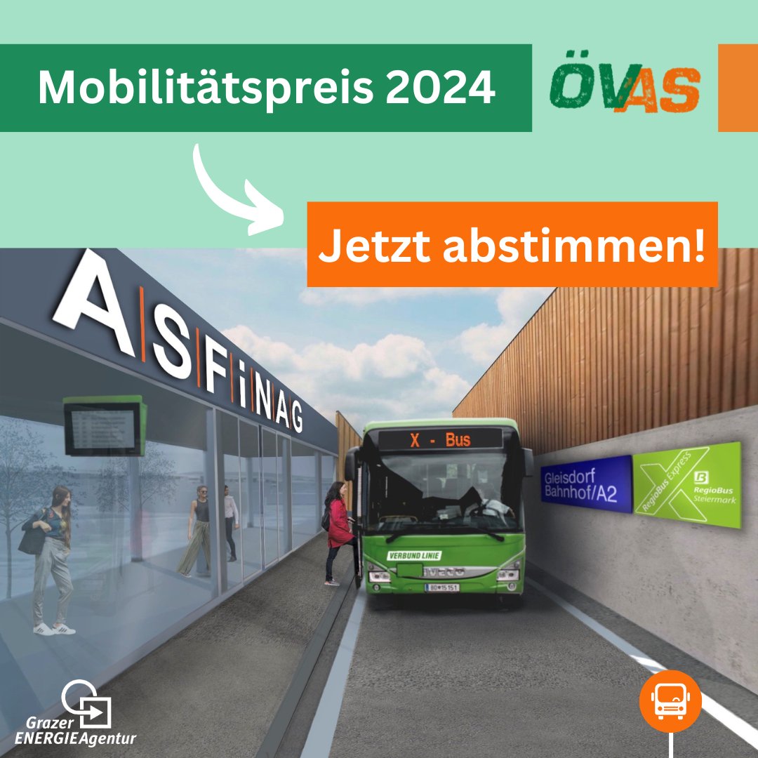 🗳️ Deine Stimme zählt! Unser Projekt ÖVAS ist für den #VCÖMobilitätspreis2024 nominiert! 🏆

💡 Ziel: Nutzung des Schnellstraßennetzes für öffentlichen Schnellbusverkehr &amp; Reduktion der CO2-Bilanz.

📢 Stimme hier bis 21. Juli ab: tinyurl.com/3j4fhv8d

Vielen Dank 🙌