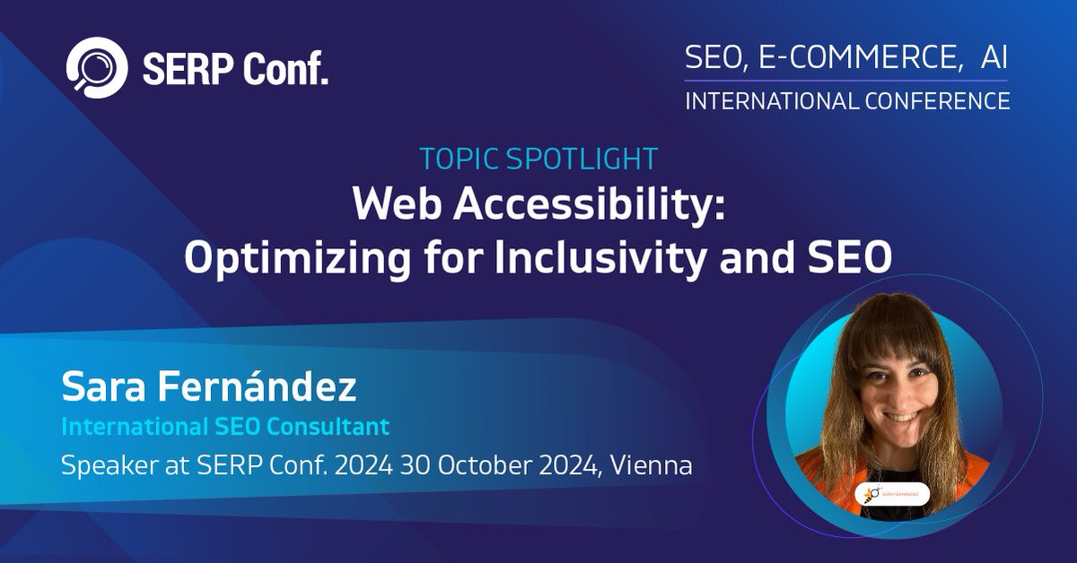 sarafdez's tweet photo. Excited to speak on "Web Accessibility: Optimizing for Inclusivity and SEO" at SERP Conf. (@serpconf) in Vienna, Oct 30, 2024! โบ๏ธ
Use promo code sara-20 for 20% off tickets! ๐๏ธ
#SEOConference2024 #DigitalMarketing #Networking #GrowthHacking #SERPConfVienna #SERPConf2024 https://t.co/PkeFIVHiZs