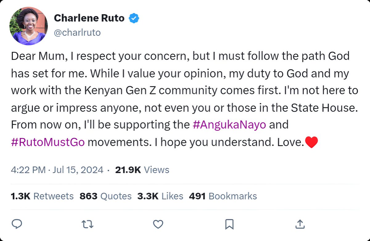 Charlene Ruto amedelete hii tweet lakini tuko na receipts 😂😂.

Aura for Aura. Retweet widely 😂