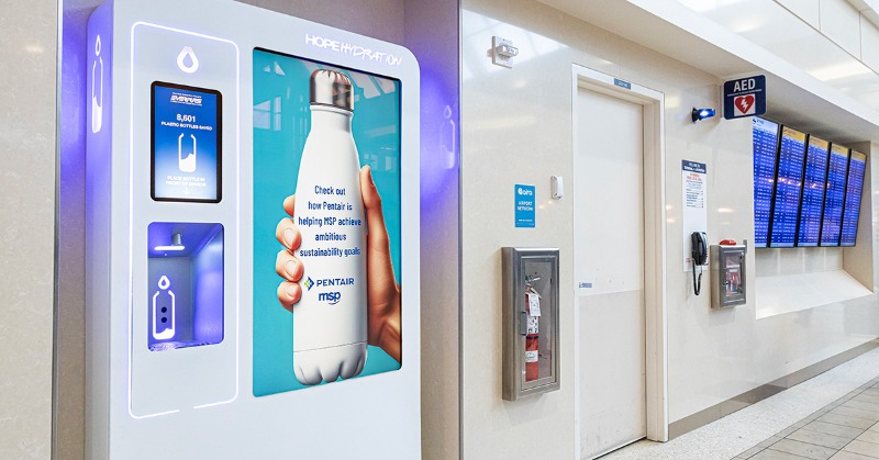 Pentair's tweet photo. As the Official Water Sponsor of @mspairport, Pentair is helping MSP promote #sustainability by reducing the need for single-use plastic water bottles at 10 @HOPEHydration water refill stations featuring filtration technology by Everpure from Pentair Water Solutions.