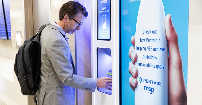 Pentair's tweet photo. As the Official Water Sponsor of @mspairport, Pentair is helping MSP promote #sustainability by reducing the need for single-use plastic water bottles at 10 @HOPEHydration water refill stations featuring filtration technology by Everpure from Pentair Water Solutions.