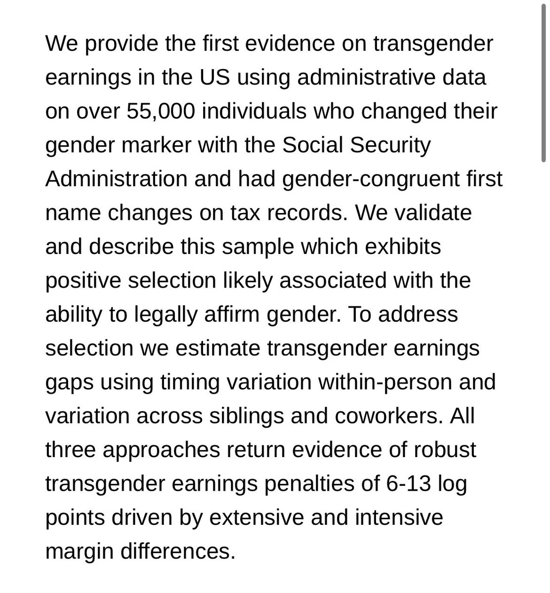 I’m glad to be able to share our new working paper on what we can learn from tax data about the economic outcomes of transgender people.

nber.org/papers/w32691