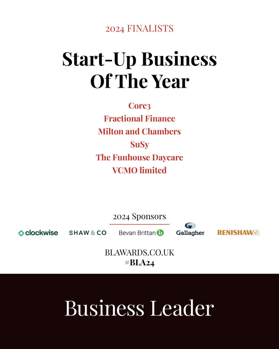 Congratulations to the finalists for the Start-Up Business of The Year Award! 👏<a href="/core3uk/">Core3</a> <a href="/SuSy_House/">SuSy House</a> The Funhouse Daycare Fractional Finance Milton and Chambers <a href="/VCMO_UK/">VCMO UK</a> 

Good luck to this year's finalists - we can't wait to celebrate with you 🎉

Join us at #BLA24 here 👉