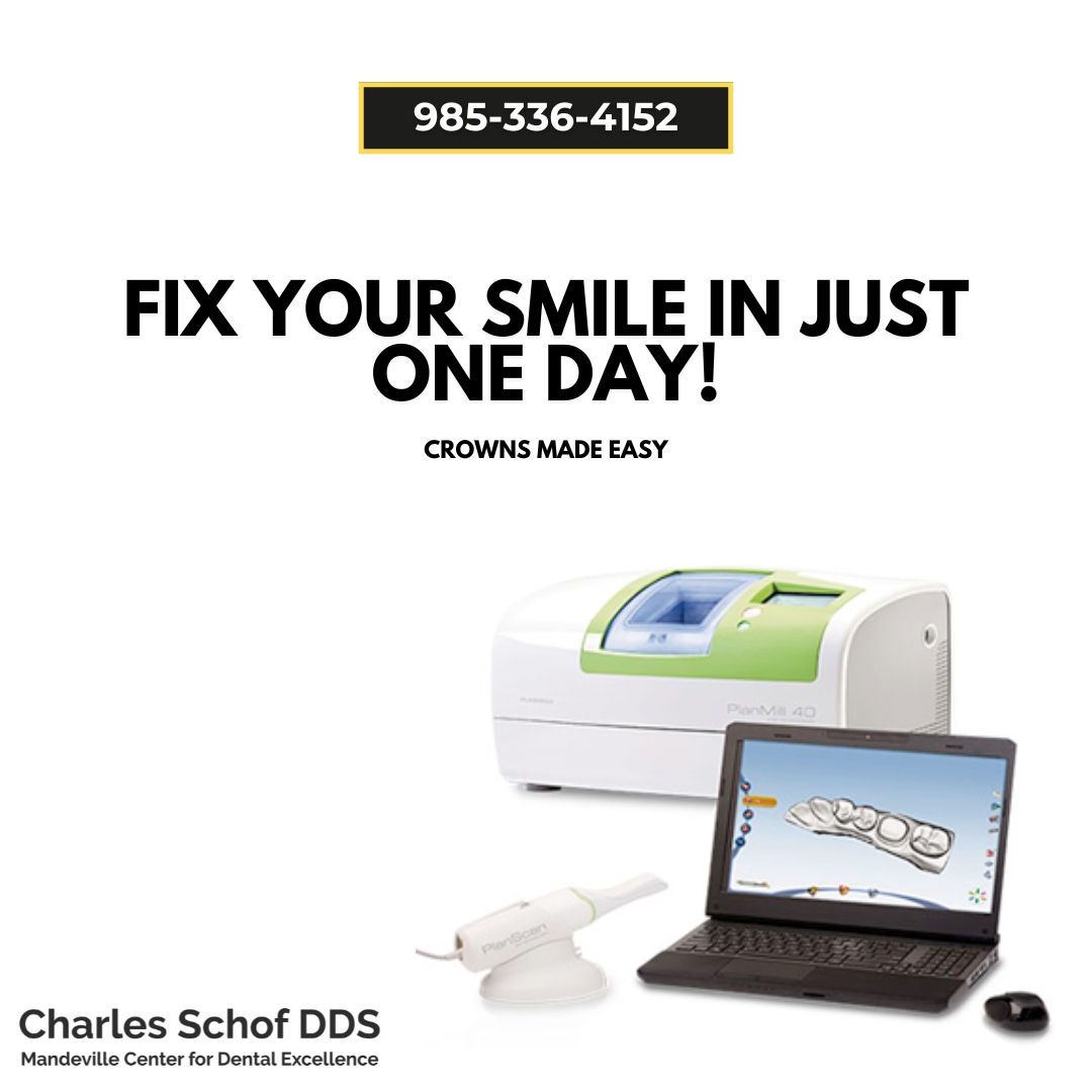 schof_dds's tweet photo. We understand that you don't have time to sit at the dentist's office for multiple days, that is why we offer same-day crowns. 🦷 Our E4D PLANSCAN technology allows us to get you in and out with a freshly restored smile. 

Call 985-336-4152 to schedule a consultation. https://t.co/fovk4UjVNC