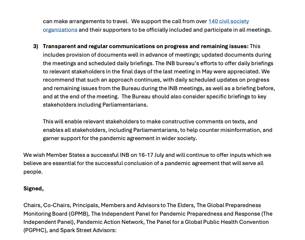 As #INB10 meets, 30+ members of <a href="/TheElders/">The Elders</a> @GPMB <a href="/TheIndPanel/">The Independent Panel</a> @PandemicAction <a href="/GPHC_Panel/">Panel for a Global Public Health Convention</a> <a href="/nschwalbe/">Nina Schwalbe, PhD</a> call for:

✅ building trust amongst MS
✅ inclusion of ind. experts incl #CSOs 
✅ transparency in the process 

For an effective #PandemicAgreement

👉bit.ly/INBModalities