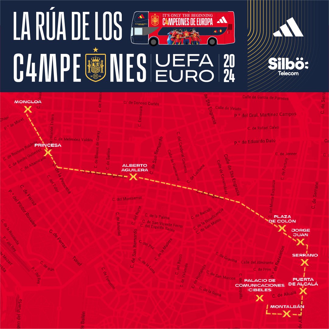 🙌🏼🇪🇸 ¡¡VENTE A LA RÚA DE LOS CAMPEONES!!

Te esperamos a partir de las 19:30 horas en el Palacio de Comunicaciones (Cibeles) hasta completar aforo.

🚍 ¿Nos quieres acompañar en el camino? 

Aquí tienes la ruta del autobús <a href="/adidas_ES/">adidas_ES</a> de los #C4MPEONES.

#VamosEspaña | #EURO2024