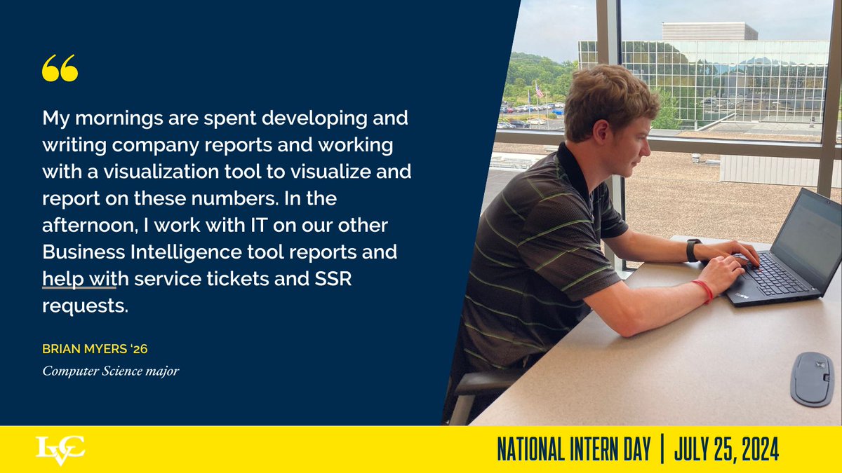 LVC's tweet image. Brian is one of many LVC students interning this summer. Brian is a dual Business Analyst Intern and IT Business Intelligence Tools specialist at Phoenix Contact Inc.  #GoLVC #NationalInternDay