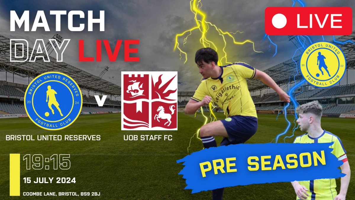 FCBristolUnited's tweet photo. Match day live tonight from 7pm, the reserves first game of pre season see them face University Of Bristol Staff FC. Join us live at 7pm this evening on our YouTube channel for full match coverage

https://t.co/zbfX4e1qx9

#upthebots #upthebots🤖🔵🟡 https://t.co/0HzU8Bml8N