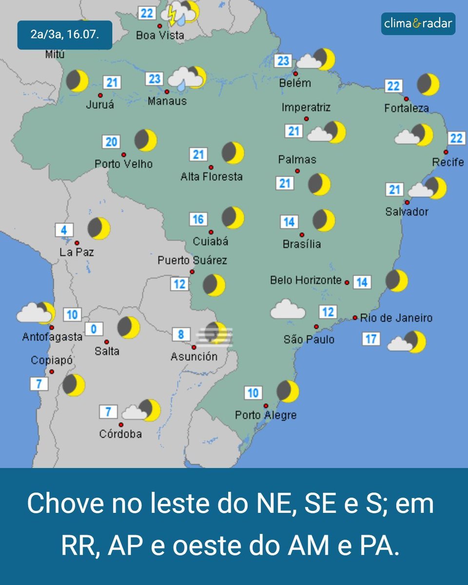 climaeradar's tweet photo. Esse é o mapa simplificado 🌦 com a previsão do tempo para a noite de segunda para terça-feira, dias 15 e 16 de julho de 2024.

 Clima Brasil, dados atualizados no Clima &amp; Radar:
🔗 https://t.co/lF6FaWhIvM

#Mapa #PrevisãodoTempo #TemperaturasMínimas #Brasil #ClimaeRadar https://t.co/wKM8iK9UDP