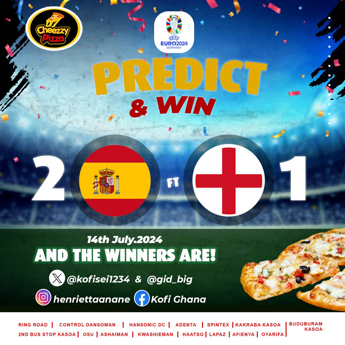 CheezzyPizza's tweet photo. Congratulations to the winners of our Predict & Win match between Spain & England. Your large-sized pizzas await you π
β
Please reply in comments for prize
#CheezzyPizza #CheezzyPredict
β β
They were the first to predict the correct scoreline https://t.co/LMAfDwRewd