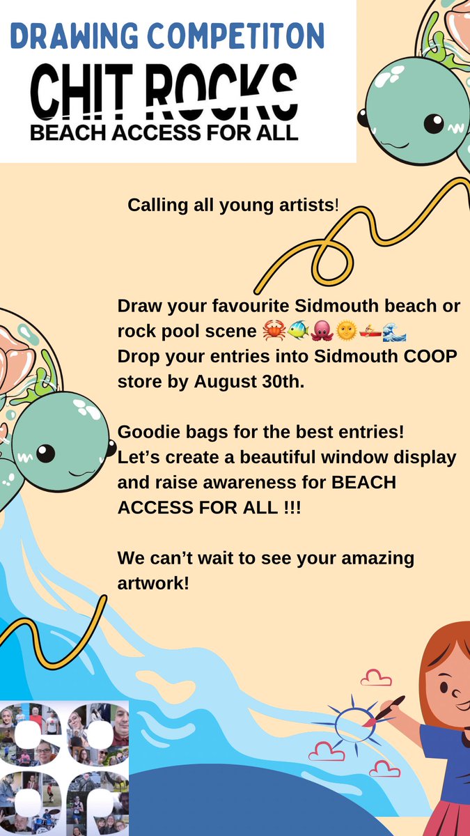 ruthlf77's tweet photo. 🌊 Coop Window Display Competition: 🌊🎨

Hey young artists! Draw your favourite Sidmouth beach or rock pool scene and drop it at Sidmouth COOP by Aug 30. Best entries get goodie bags! 🖼️🎁

Let's create a stunning display and promote BEACH ACCESS FOR ALL! ✨

#BeachAccessForAll https://t.co/PsQeIByK4L