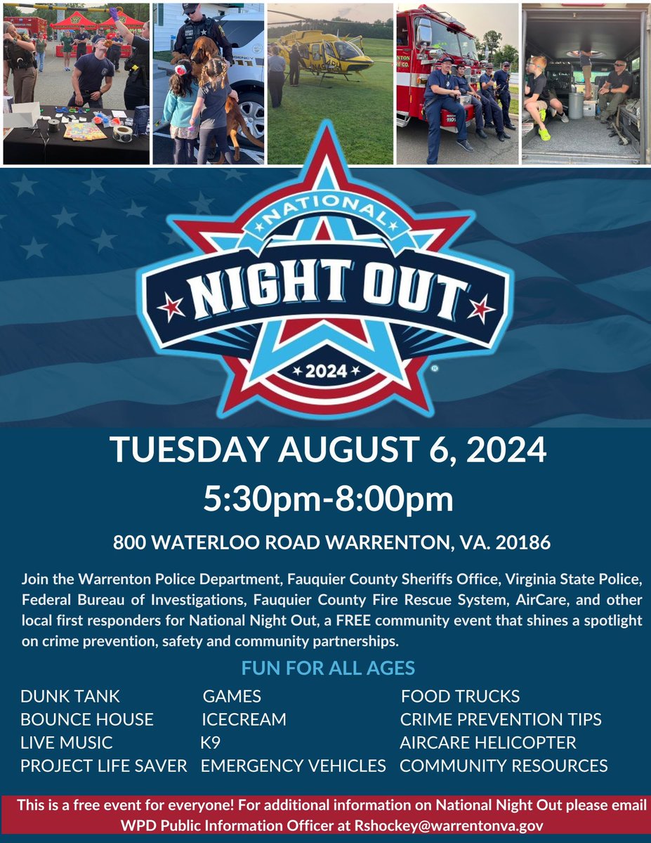 National Night Out is 3 weeks away! 

The perfect opportunity to get to know your first responders and local law enforcement!

National Night Out is an event that celebrates the community, and partnership with law enforcement and first responders to help keep our communities safe