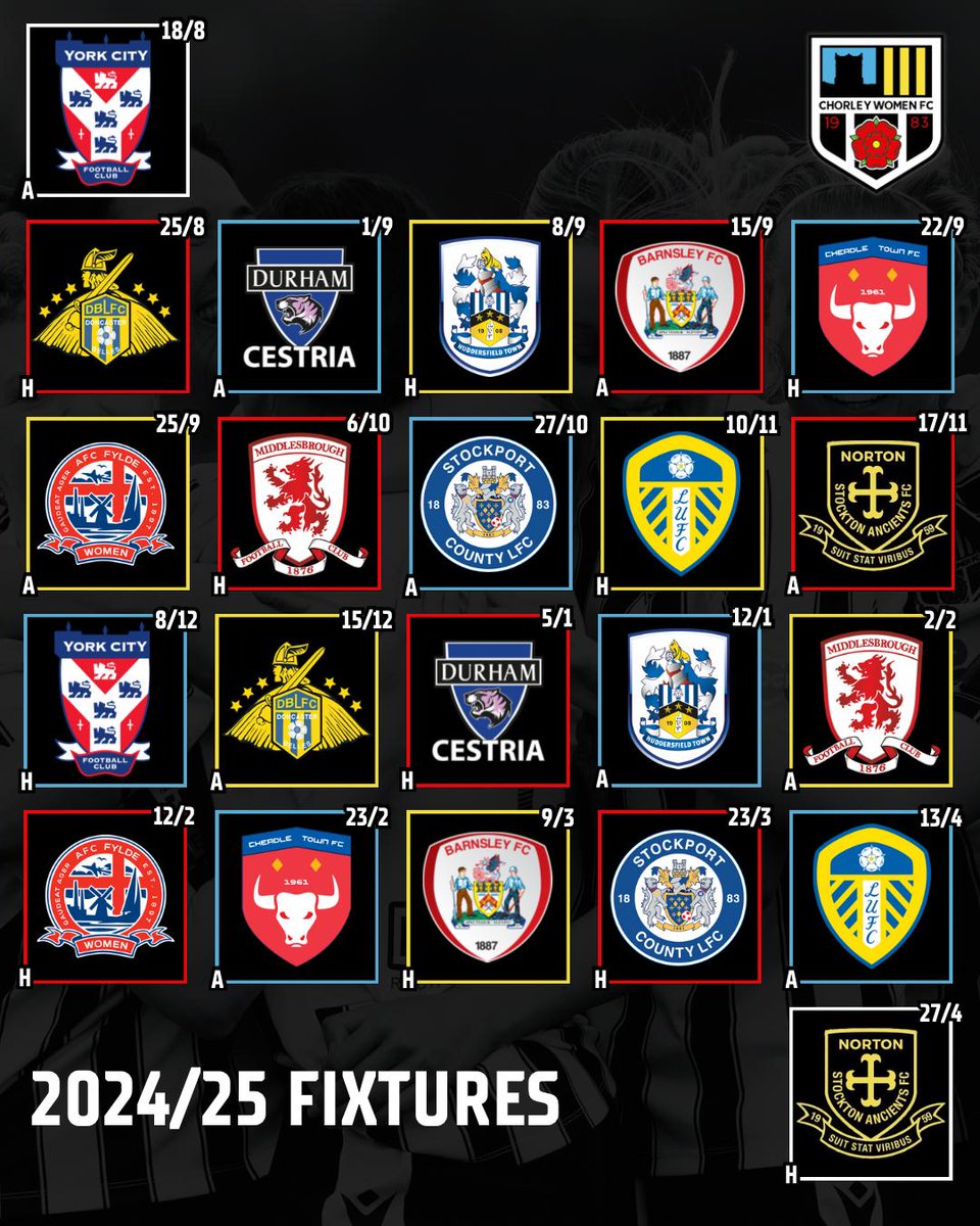 chorleywomenfc's tweet photo. CLUB NEWS: The 2024/2025 1st team National League Division 1 North fixtures are out! Lets do this. Chorley Women FC @top fans #aprogressiveclub #EqualGame  ⚽️ ❤️ https://t.co/nr7rhRiMLX