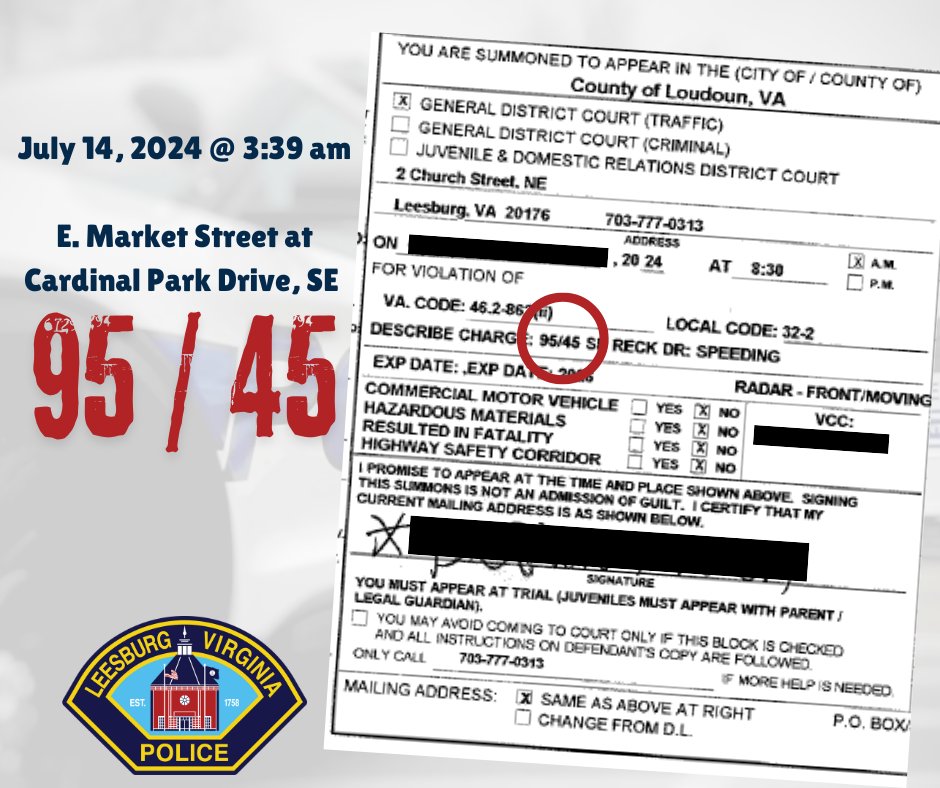 LeesburgPolice's tweet photo. To "D", you are only 19 years old - driving 95 mph in a 45 mph zone is not only reckless, but also deadly.   Please take this as a lesson and tell your friends the same.  Speeding is not just illegal; it puts everyone's lives at risk.
#WeWantYouToGrowOld https://t.co/l6tOizv86w