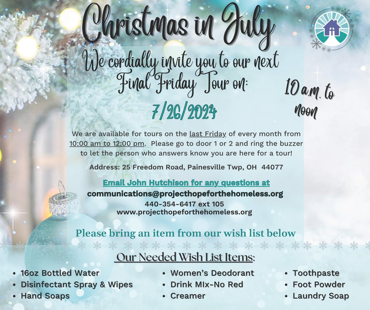 ProjectHope0hi0's tweet photo. As the summer months go by, we are experiencing decreased supply inventories. We are very low on the items listed below. We would love for you to bring a supply donation with you from the list above to our Christmas in July event on Fri. July 26 as part of our Final Friday Tours! https://t.co/sOPuoA5rzd