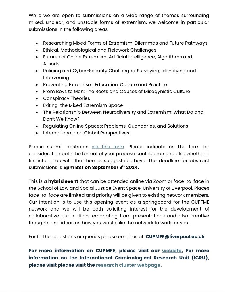 IcruLiverpool's tweet photo. Call for Papers: Research and Practice Colloquium: Conceptualising, Understanding, and Preventing Mixed Forms of Extremism CUPMFE), @LivUniSoc , Tuesday 24th and 25th September 2024 (hybrid) @LivUni @LivUniSLSJ https://t.co/frhBIi65VB