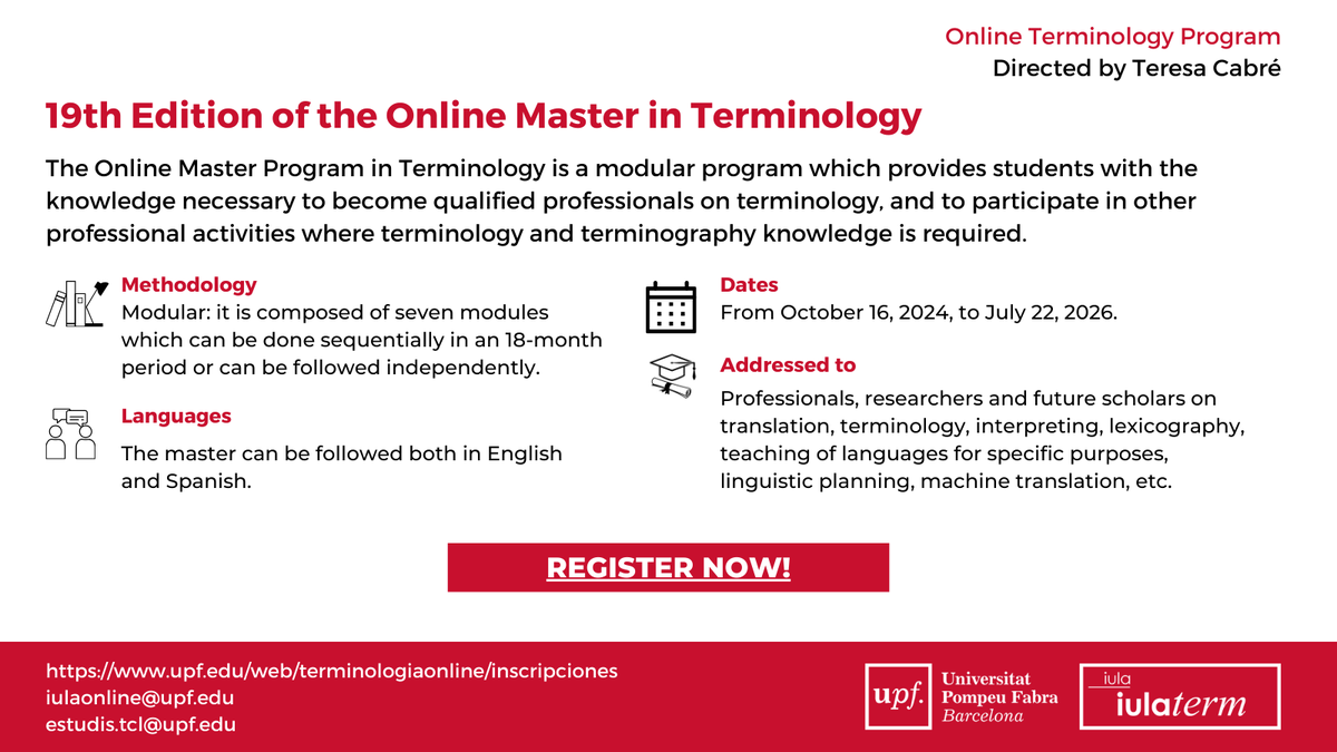 No te quedes sin cupo para la nueva edición 2024-2026 del Máster Online en Terminología. 

Don't miss out on your place for the new 2024-2026 edition of the Online Master in Terminology.

+ Info: upf.edu/web/terminolog…
iulaonline@upf.edu; estudis.tcl@upf.edu