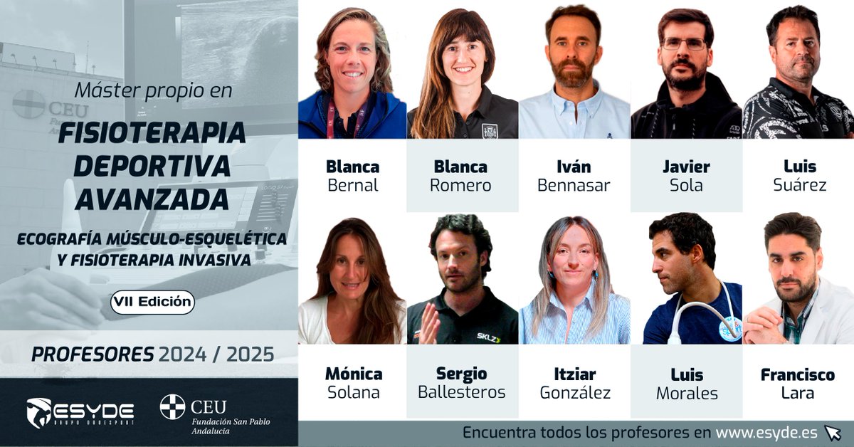 ESYDE_Formacion's tweet photo. ¡Os presentamos a nuestros profesores del #Máster en 𝐅𝐢𝐬𝐢𝐨𝐭𝐞𝐫𝐚𝐩𝐢𝐚 𝐃𝐞𝐩𝐨𝐫𝐭𝐢𝐯𝐚 𝐀𝐯𝐚𝐧𝐳𝐚𝐝𝐚 para el curso 24-25!
Todo un orgullo el poder contar con estos grandes profesionales y el ir de la mano de @CEUAndalucia 💪
#masterpropio #fisioterapia #esyde https://t.co/KQk2Ecvj4C