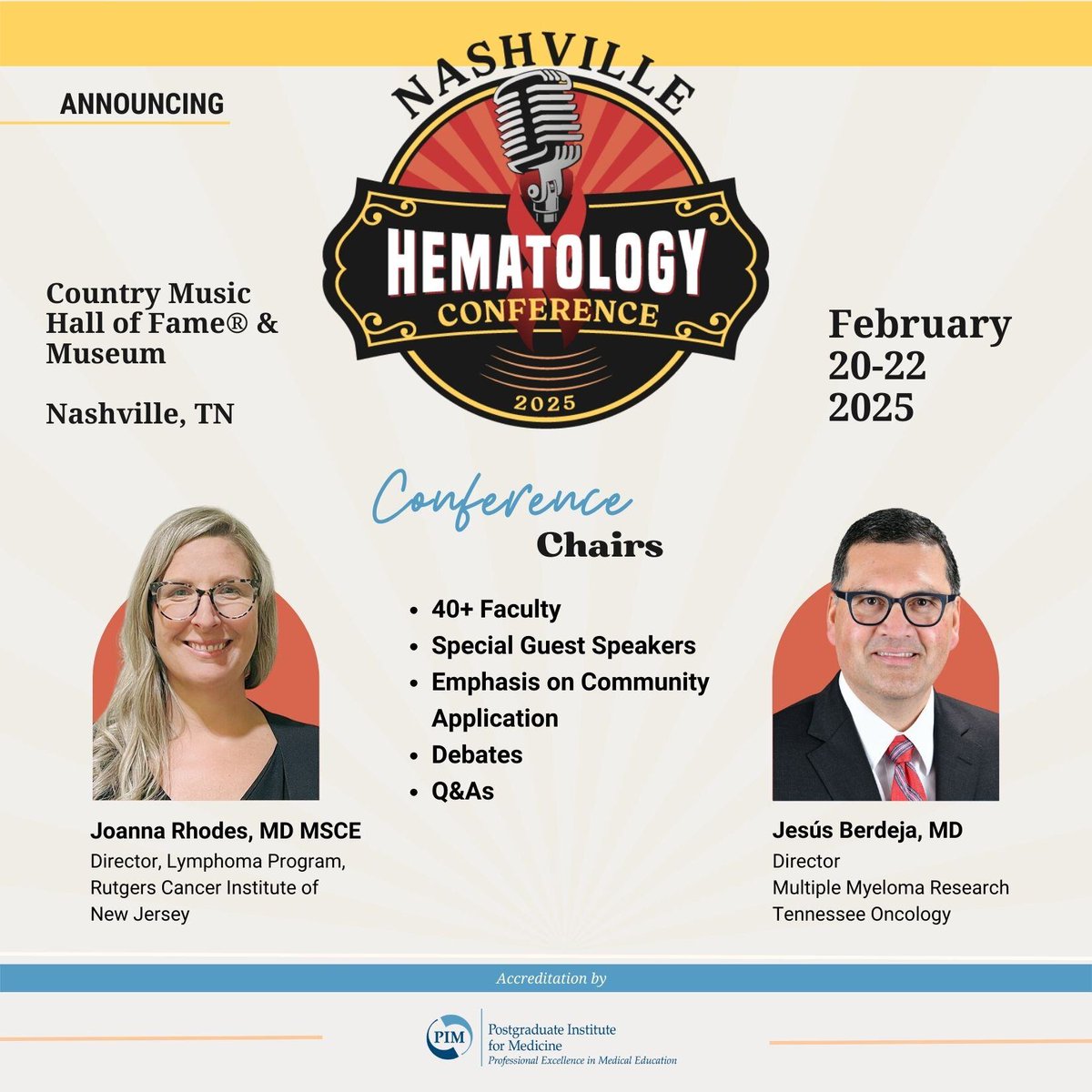 Nashville Hematology Conference (@nashvilleheme) on Twitter photo *ANNOUNCING* The inaugural Nashville Hematology Conference // February 20-22, 2025 // Country Music Hall of Fame and Museum // Nashville, Tennessee // CHAIRS: Drs <a href="/drjoannarhodes1/">drjoannarhodes</a> and <a href="/BerdejaJesus/">Jesus Berdeja, MD</a> // 2-day CE Meeting // #NashvilleHeme25 Details: hubs.la/Q02Gw6Yh0 *ANNOUNCING* The inaugural Nashville Hematology Conference // February 20-22, 2025 // Country Music Hall of Fame and Museum // Nashville, Tennessee // CHAIRS: Drs <a href="/drjoannarhodes1/">drjoannarhodes</a> and <a href="/BerdejaJesus/">Jesus Berdeja, MD</a> // 2-day CE Meeting // #NashvilleHeme25 Details: hubs.la/Q02Gw6Yh0