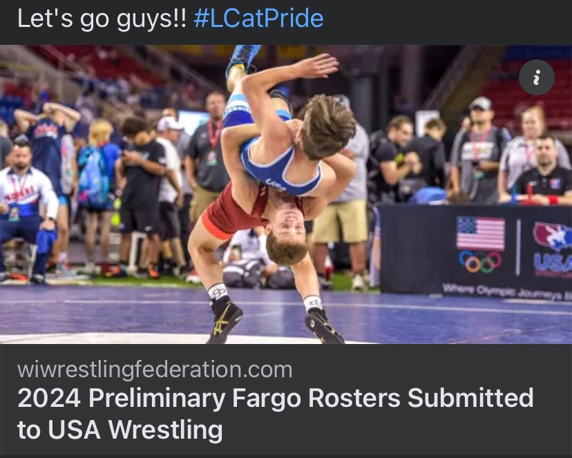 lmhswrestlingWI's tweet photo. Lake Mills Wrestlers Owen Burling and Aric Braund will be competing at Fargo Nationals this week. Owen starts competing today at 3:30pm in the 16U - 190lbs Freestyle bracket, Aric starts competing Friday at 3:30pm in the 16U - 150lb Greco Roman bracket. Let's go guys!! #LCatPride https://t.co/jrjMRDbMP0
