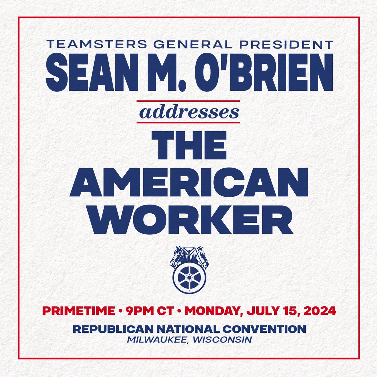 Teamsters General President Sean M. O’Brien will address the American worker — and the nation — in primetime at 9pm CT tonight. Teamsters labor, and Teamsters votes, will not be taken for granted. Tune in. You don’t want to miss it!