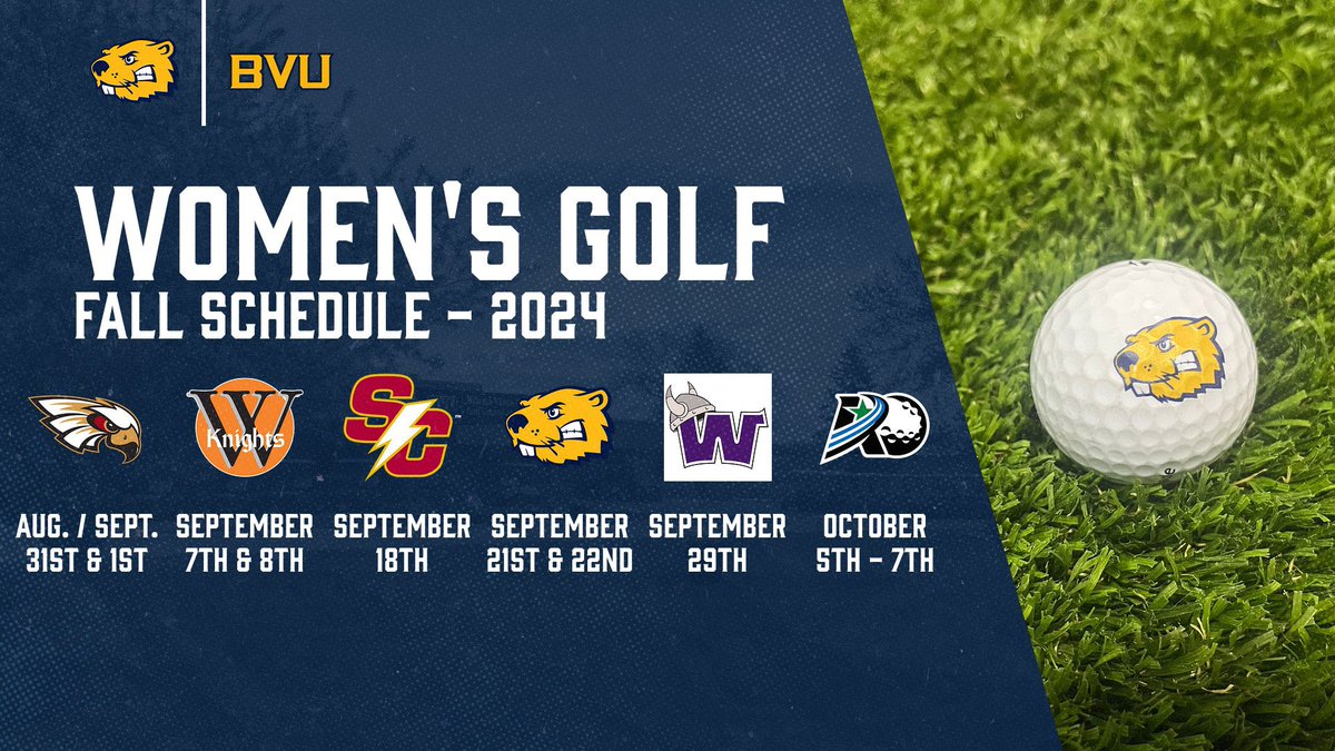 BVUGolf's tweet photo. The 2024 Fall Season will be here before we know it! ⛳️ 

1. CoeHawk Invite - Cedar Falls, IA
2. Wartburg Invite - Waverly, IA
3. Simpson Invite - Indianola, IA 
4. BVU Home Invite - Storm Lake, IA 
5. Waldorf Invite - Albert Lea, MN 
6. ARC Conference - Ames, IA https://t.co/pFjs6Qovo8