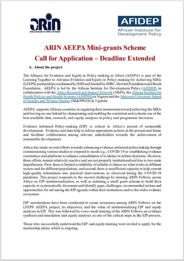 arin_africa's tweet image. DEADLINE EXTENDED! 
 Apply for @arin_africa #AEEPA Mini-grants and get funding for case studies on #EIP leadership, financing, or technical capacity. Apply now: shorturl.at/JvR2R