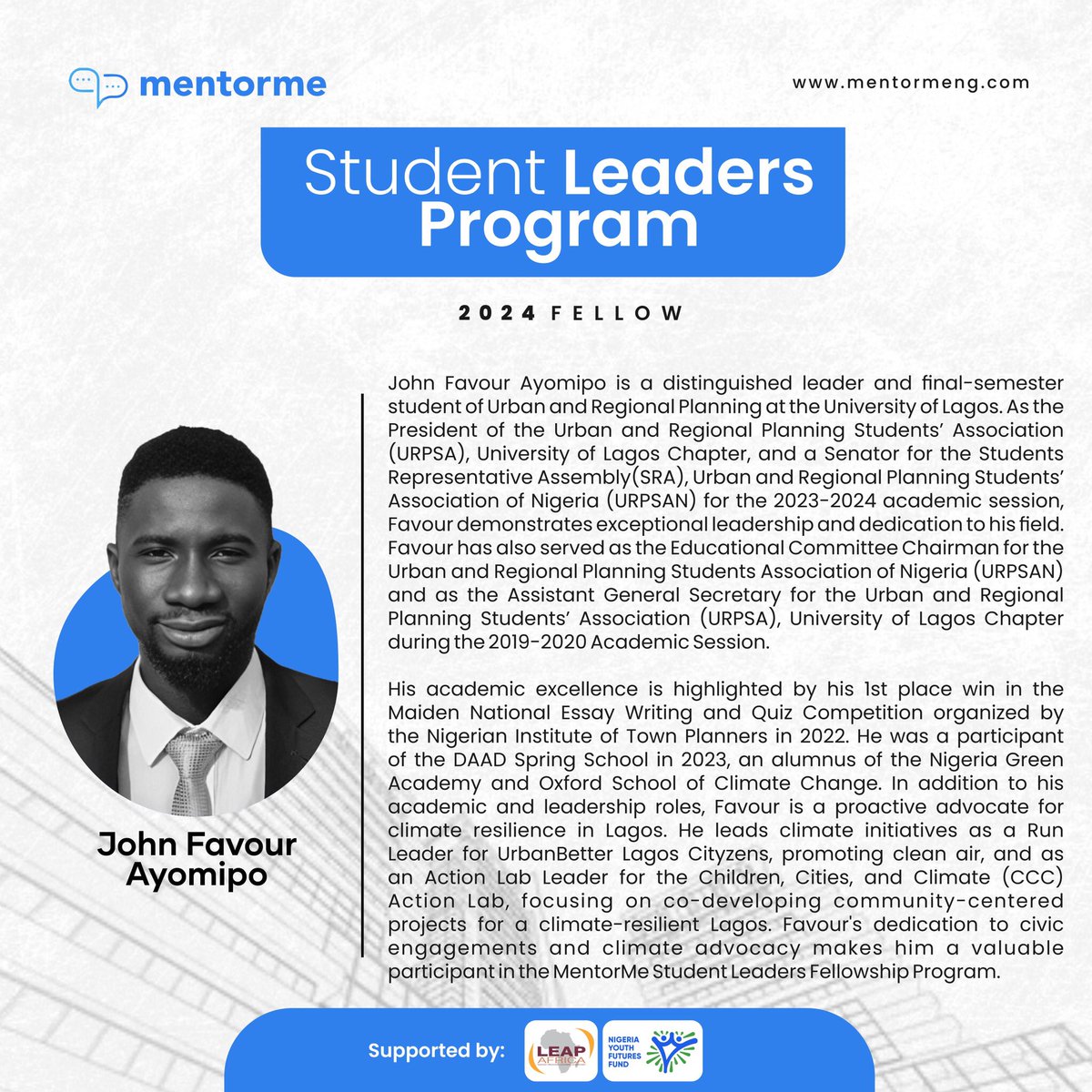 MentorMeNg's tweet photo. 5 Days to MentorMe’s Student Leaders Program 💃🏾
Meet our Student Leaders
John Favour Ayomipo, @iam_favourjohn is a distinguished leader and final-semester student of Urban and Regional Planning at the University of Lagos. As the President of the Urban and Regional Planning https://t.co/f2rPPUOH5r