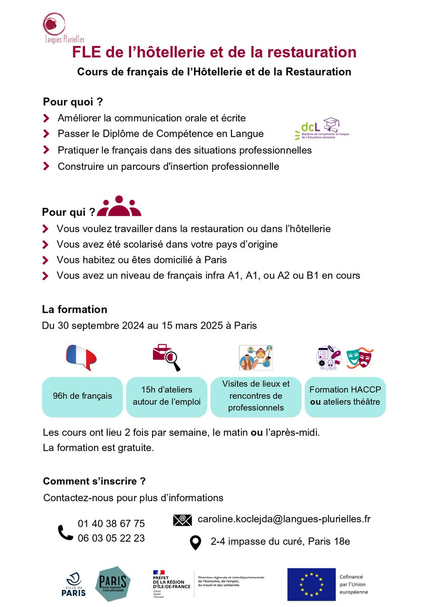 [Offre de formation]

Vous  connaissez des personnes qui veulent travailler dans l'hôtellerie 🏨 / restauration 👩🏽‍🍳et qui ont besoin de se former en français ?

🇫🇷 de débutant à B1
📅 septembre 2024 à mars 2025
⌚ 2 fois par semaine

langues-plurielles.fr/index.php/nos-…