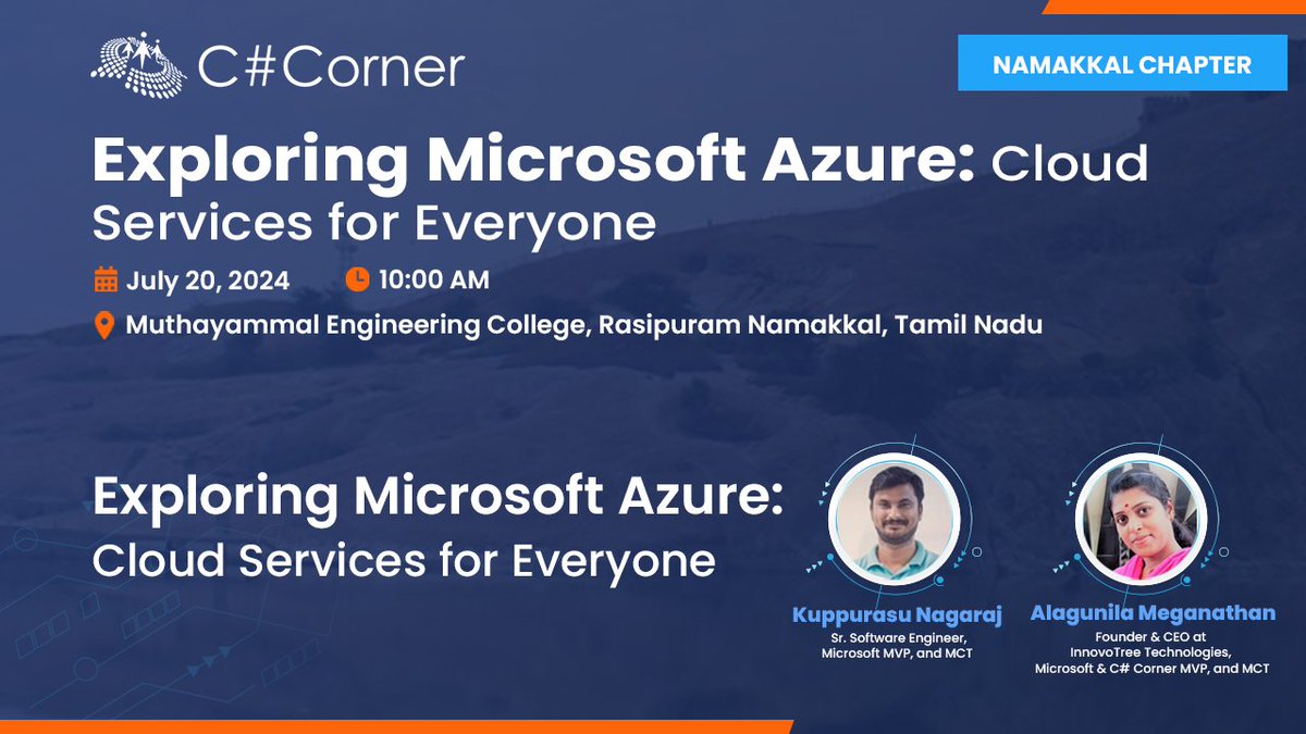 CsharpCorner's tweet photo. Discover Microsoft Azure: Cloud Services with @alagunilam & @kuppurasu360 at @CsharpCorner Namakkal Chapter Meet. Don't miss out!
Register now: https://t.co/4eXYG5TwLG
#CSharpCorner #Azure #Cloud #CloudServices #ChapterMeet #TechEvent #CloudTech #TechMeetup https://t.co/11i6DHEZog