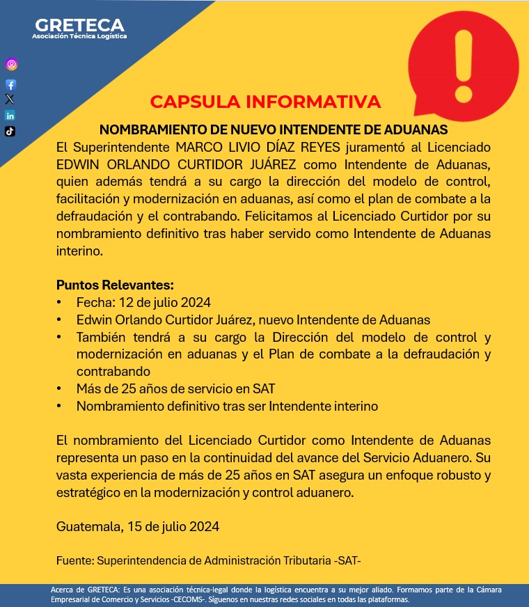 GretecaGt's tweet photo. GRETECA adscrita a @CECOMS informa:El Lic. Edwin Orlando Curtidor Juárez es el nuevo Intendente de Aduanas.Con 25 años en @SATGT, liderará la modernización y el combate al contrabando. Felicitamos al Lic. Curtidor por su nombramiento definitivo tras haber sido Intendente interino https://t.co/sRxy572lm6
