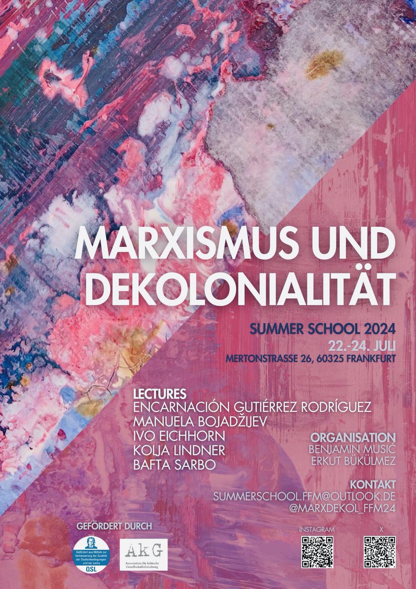 Hey Frankfurt! Ab nächsten Montag 22. bis 24.07. findet die Summer School »Marxismus und Dekolonialität« statt. Mit dabei: <a href="/BafiKush/">Bafta Rhymes</a>, Mitherausgeberin von »Diversität der Ausbeutung« 🤩 Alle Vorträge &amp; Workshops: paths.to/marxdekol_ffm24. Anmelden: summerschool.ffm@outlook.de
