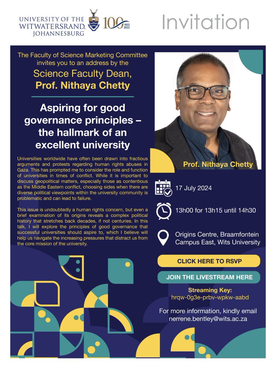 Faculty of Science, Wits University (@foswits) on Twitter photo It’s not too late to register! Come join us at the <a href="/OriginsCentre/">Origins Centre Museum</a> for a lunchtime address by the Science Faculty Dean, Prof. Nithaya Chetty. #WitsUniversity #WitsforGood It’s not too late to register! Come join us at the <a href="/OriginsCentre/">Origins Centre Museum</a> for a lunchtime address by the Science Faculty Dean, Prof. Nithaya Chetty. #WitsUniversity #WitsforGood