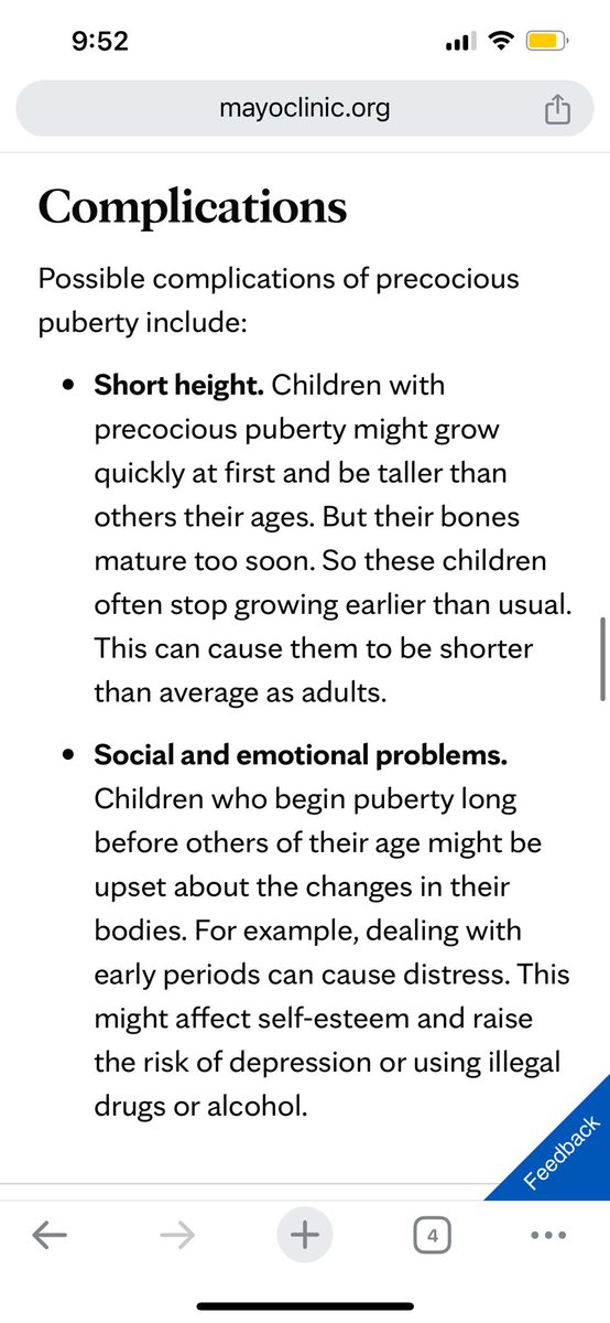 AlyxBernstein's tweet photo. is this not just gender dysphoria??? (from the Mayo Clinic article on precocious puberty) https://t.co/CRjQglAaCe