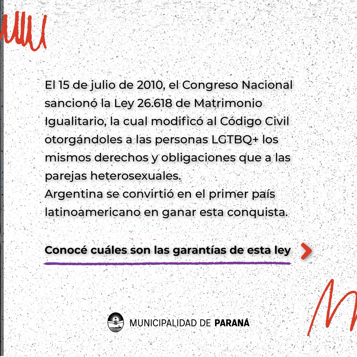 DHumanoParana's tweet photo. 14 años de la Ley de Matrimonio Igualitario 🏳️‍🌈

👉🏼 La Ley 26.618, sancionada en 2010, fue pionera en Latinoamérica y significó una gran conquista en términos de Derechos Humanos para las personas de la comunidad LGTBQ+. https://t.co/UEWEoqBA5m