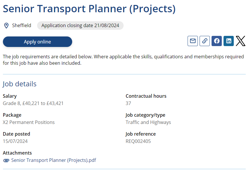 Senior Transport Planner (Projects)
Sheffield City Council 
Apply online or to find out more contact David Whitley, Transport Programmes Manager on 0114 205 3804 or david.whitley@sheffield.gov.uk 
lnkd.in/ehXVvrRQ