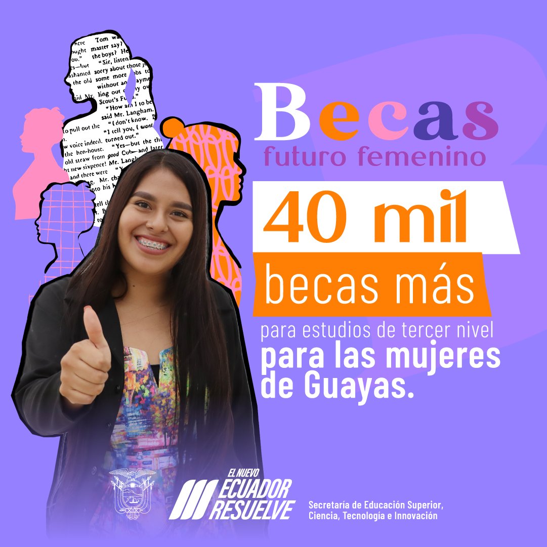 Garantizamos una educación superior equitativa, inclusiva y de calidad con las #BecasFuturoFemenino.

Si resides en la provincia de Guayas y tienes entre 18 a 28 años, regístrate en forms.gle/bavibSk9ZBDPBb…

Puedes acceder a una beca del 100% para realizar tus estudios superiores.