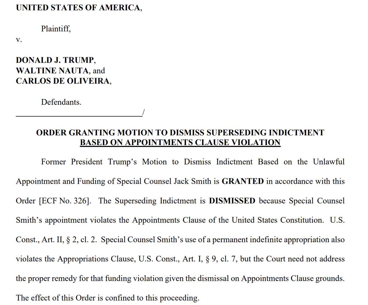 JoyceWhiteVance's tweet photo. 1/ Absolutely incredible. New development in the Mar-a-Lago classified documents case: Judge Cannon dismisses the prosecution, finding the special counsel appointment is unconstitutional. Appeals to follow. https://t.co/qwTQ6NtzFj