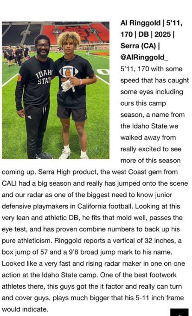 Thank you <a href="/sixstarfootball/">Six Star Football | PLUS+</a> for taking the time to write this up, appreciate it. Ready to prove myself this year. <a href="/JSerra_Football/">JSerra Football</a> <a href="/vscwintoday/">Victor Santa Cruz</a> <a href="/KianpourKyle/">Kyle Kianpour</a> <a href="/BengalGridiron/">Idaho State Football</a>
