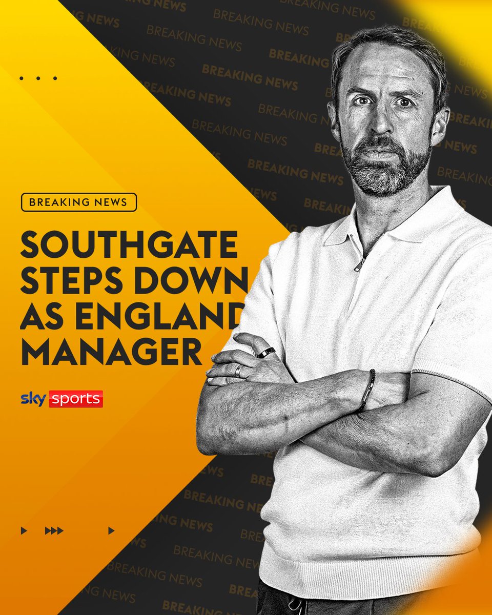SkyFootball's tweet image. BREAKING: Gareth Southgate will step down as England manager following defeat in the Euro 2024 final 🚨