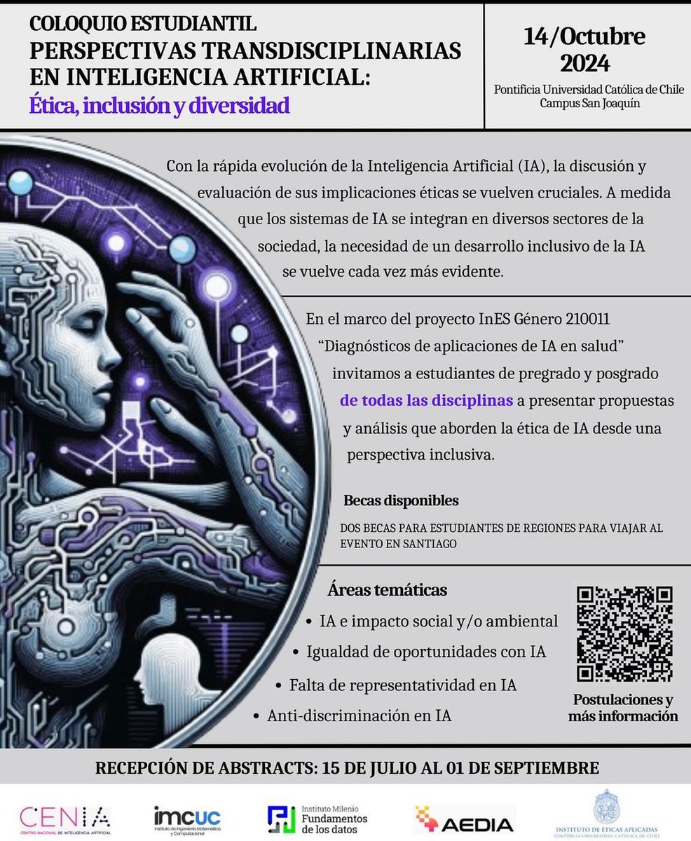 📌 Ya está abierta la convocatoria para la recepción de resúmenes de propuestas y análisis para el coloquio “Perspectivas transdisciplinarias en Inteligencia Artificial: ética, inclusión y diversidad”, que se realizará el 14 de octubre en el Campus San Joaquín de la UC. (1/2)