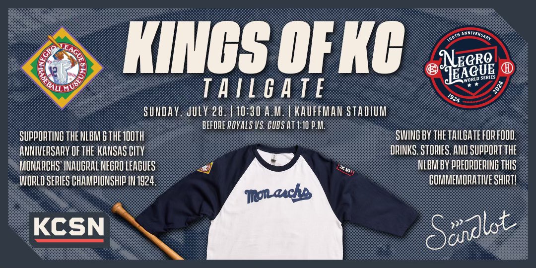 KC Sports Network (@kcsportsnetwork) on Twitter photo Join us for the Kings of KC tailgate at the Royals vs. Cubs game on Sunday, July 28th!
The first 50 fans will receive a commemorative vintage Monarchs t-shirt from <a href="/sandlotgoods/">Sandlot Goods</a> in support of <a href="/nlbmprez/">Bob Kendrick</a> and the <a href="/NLBMuseumKC/">Negro Leagues Baseball Museum</a>! ⚾️ Join us for the Kings of KC tailgate at the Royals vs. Cubs game on Sunday, July 28th!
The first 50 fans will receive a commemorative vintage Monarchs t-shirt from <a href="/sandlotgoods/">Sandlot Goods</a> in support of <a href="/nlbmprez/">Bob Kendrick</a> and the <a href="/NLBMuseumKC/">Negro Leagues Baseball Museum</a>! ⚾️