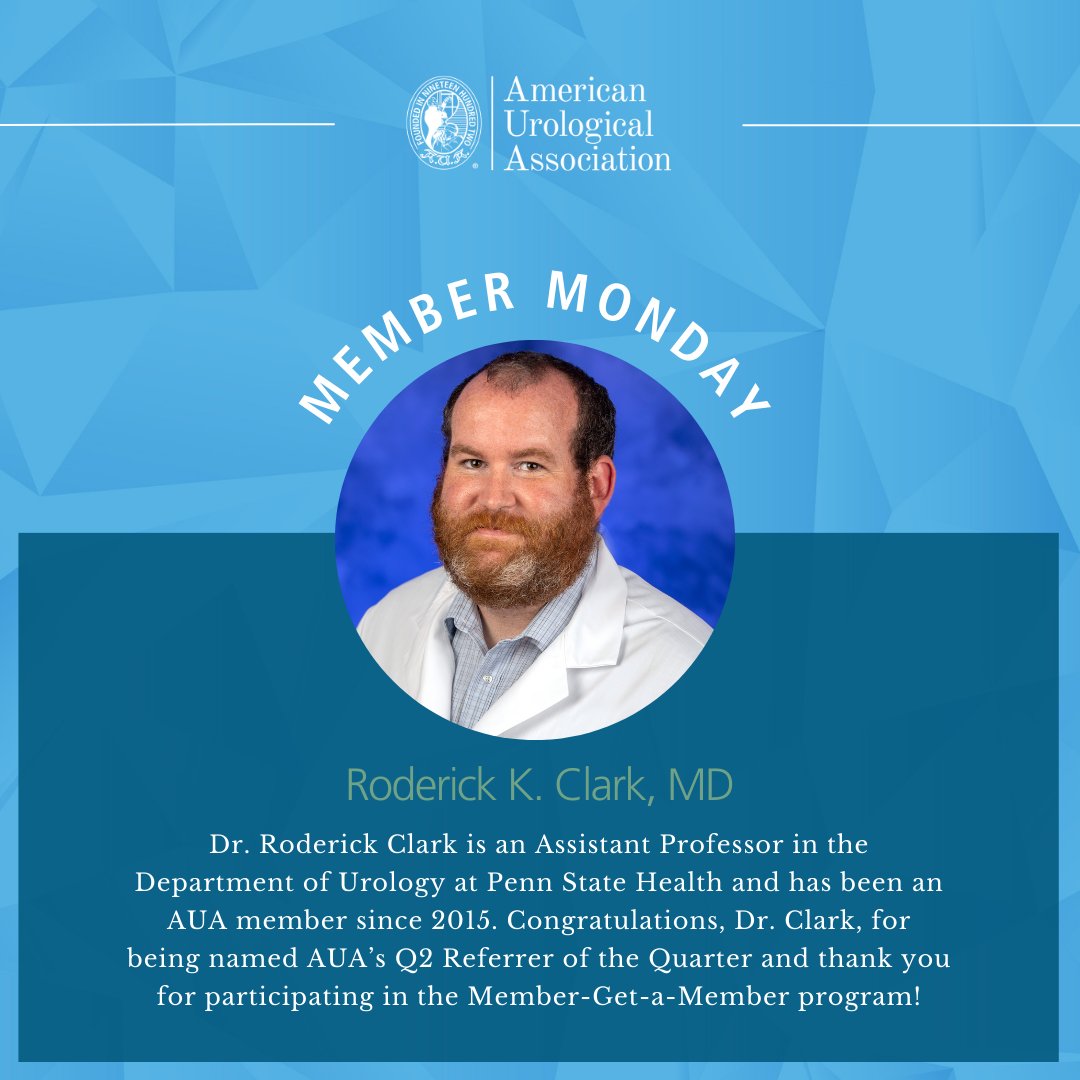 Dr. Roderick Clark is an Assistant Professor in the Department of Urology at Penn State Health and has been an AUA member since 2015.🎉 Congratulations, Dr. Clark, for being named AUA’s Q2 Referrer of the Quarter and thank you for participating in the Member-Get-a-Member program!