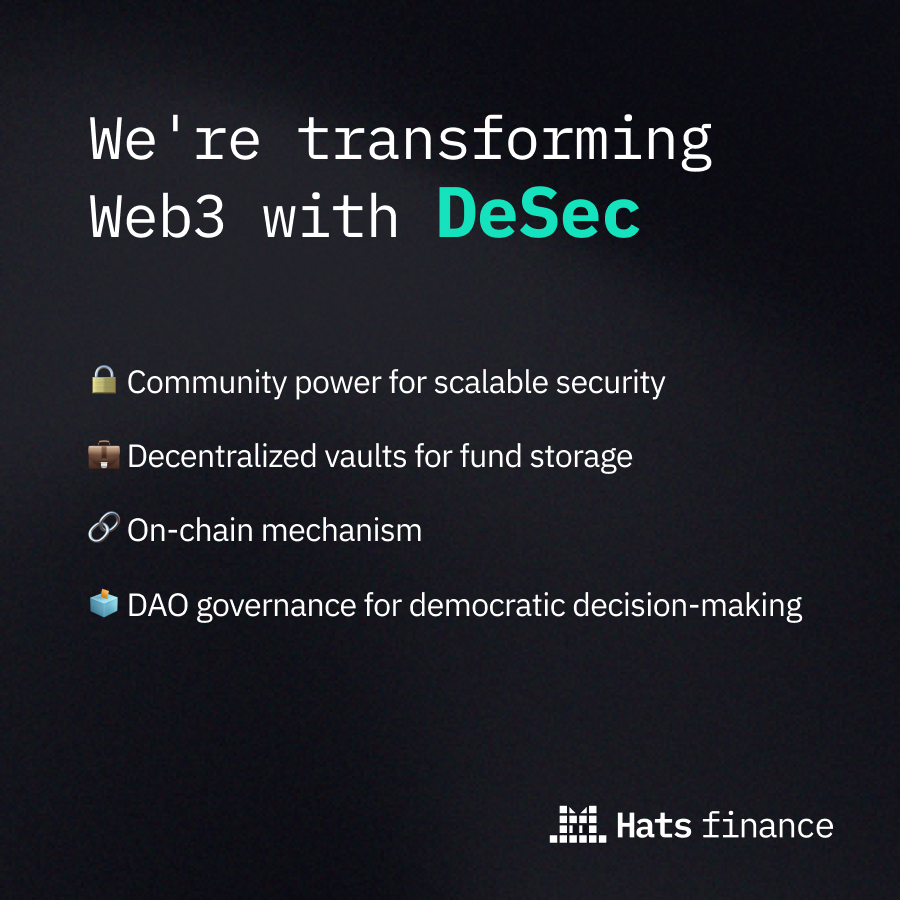 HatsFinance's tweet image. What if security could be decentralized, community-driven, transparent, and scalable? 🤔

Actually it can. It&apos;s called #DeSec, and that&apos;s what we&apos;re using to transform the web3 security future🫡