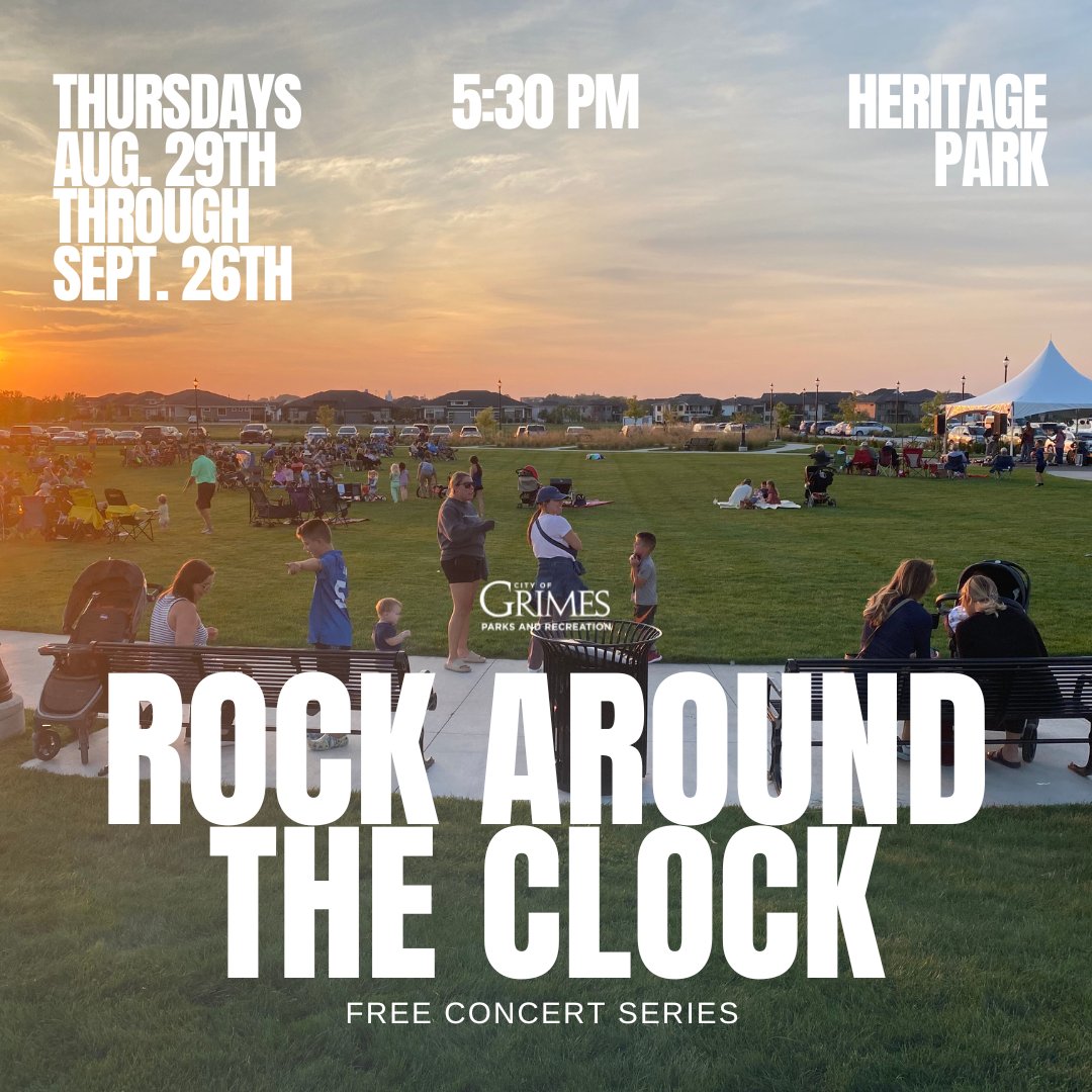 CityGrimes's tweet photo. The Rock Around the Clock Concert Series is back! Join us at Heritage Park on Thursdays starting August 29th and ending September 26th from 5:30 to 8:00 pm. 
8/29 - Brian Congdon
9/5 - Dick Danger Band
9/12 - Brian Herrin
9/19 - Brother Trucker
9/26 - Damon Dotson https://t.co/xAI1WOKf90