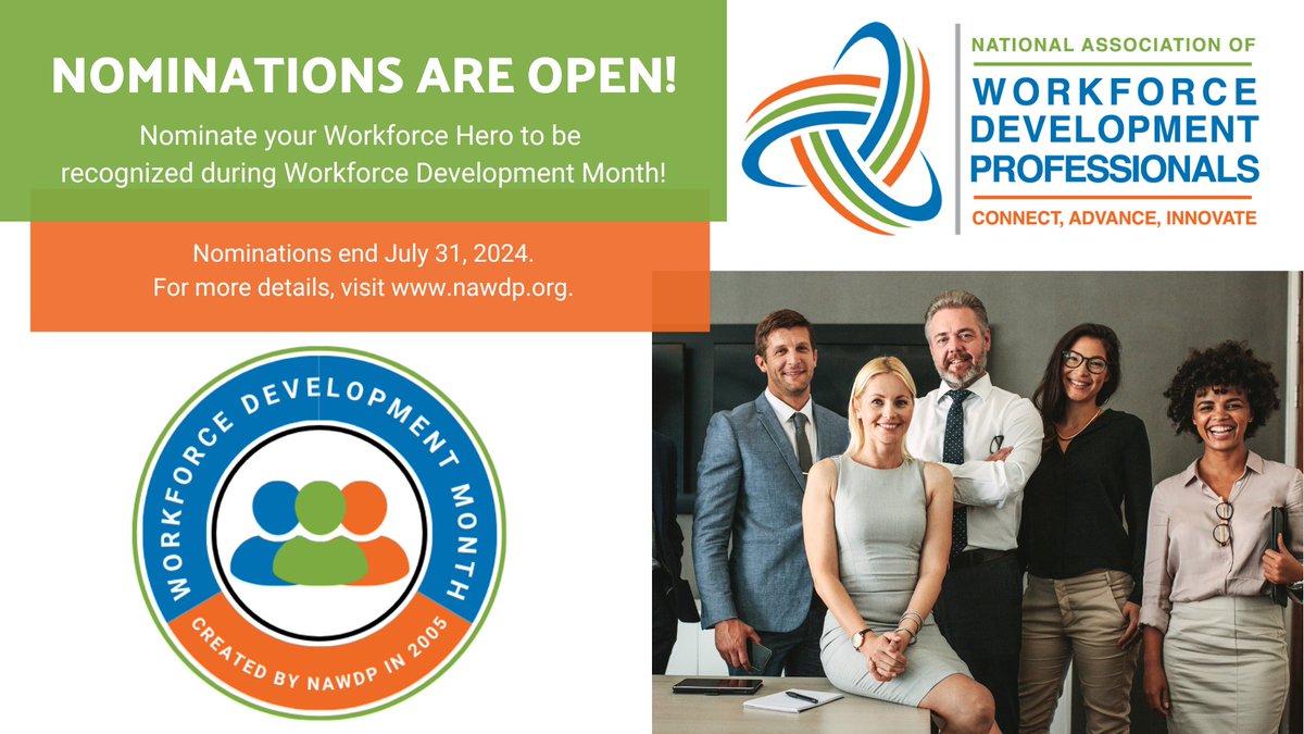 NAWDP's tweet image. Nominate your #Workforce Hero through July 31 to be recognized during #WorkforceDevelopmentMonth in September. To find out more about Workforce Development Month and to nominate your #WorkforceHero visit: nawdp.org/WorkforceDevMo…