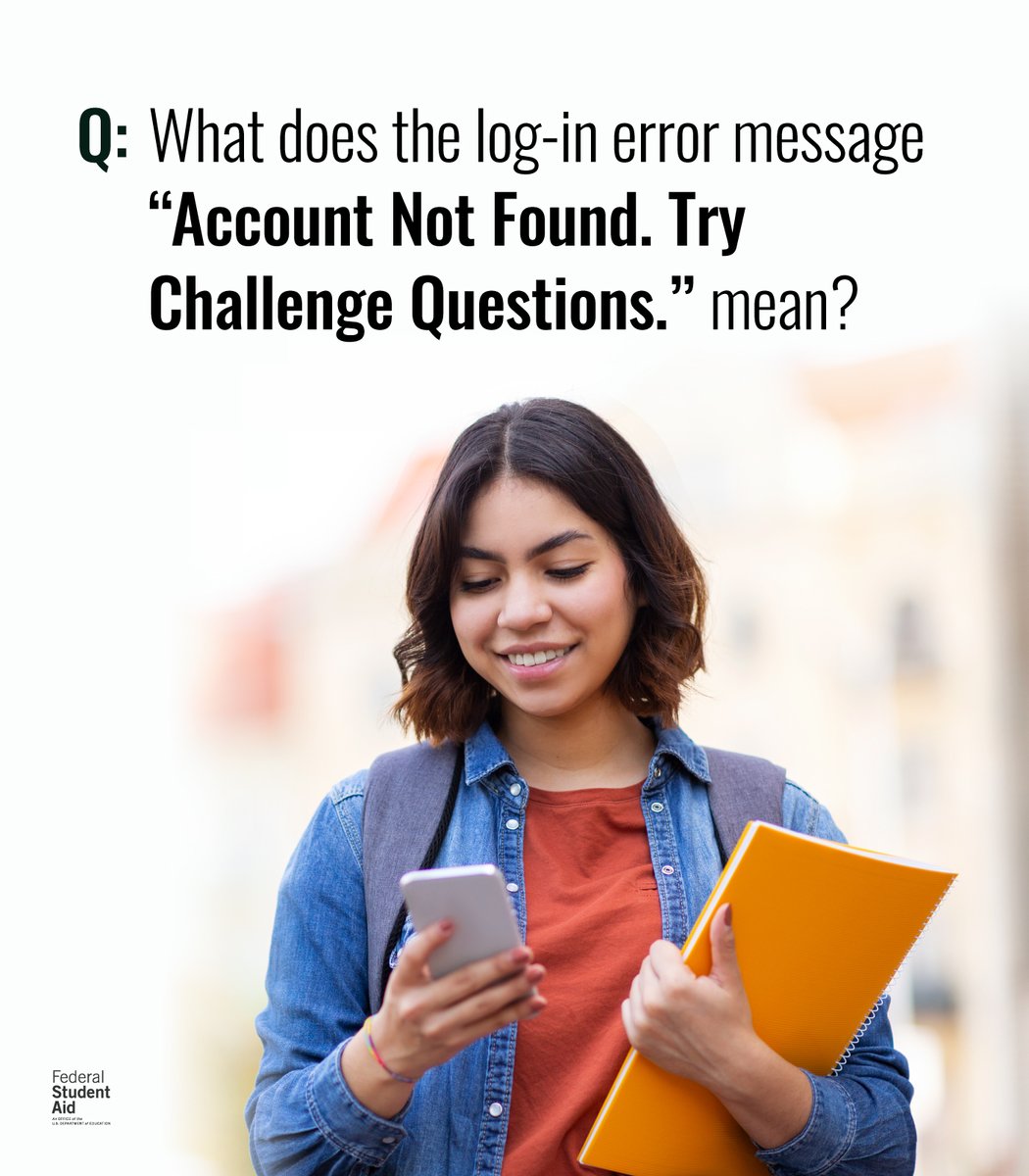 FAFSA's tweet photo. ⚠ Trying to log in, but getting this error message? ⚠​

There are a few ways to locate your account and regain access. https://t.co/roJ1mBeFCB