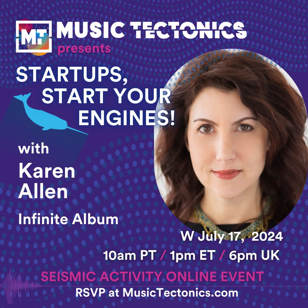 MusicTectonics's tweet photo. Startups, Start Your Engines is THIS WEDNESDAY July 17! RSVP: https://t.co/TjxnvVrsTx
Join @karenallen, co-founder of @infinitealbumio , for insights on starting up in music tech and participating in our Swimming with Narwhals pitch competition. https://t.co/OFptrJvhte
